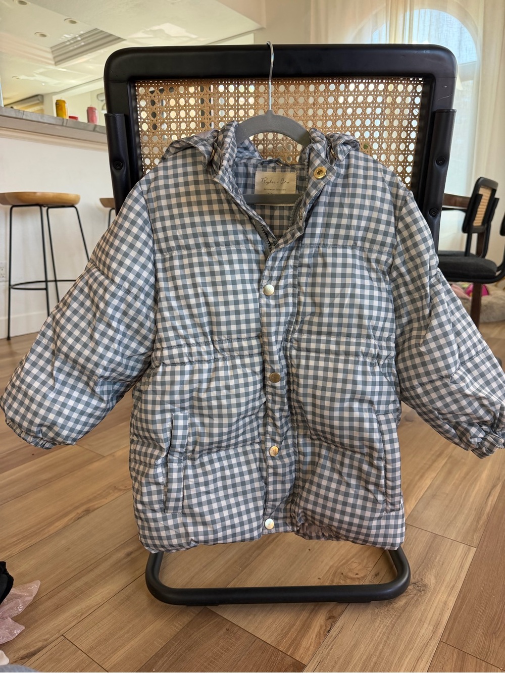 Rylee + Cru Blue and White Gingham Puffer Jacket